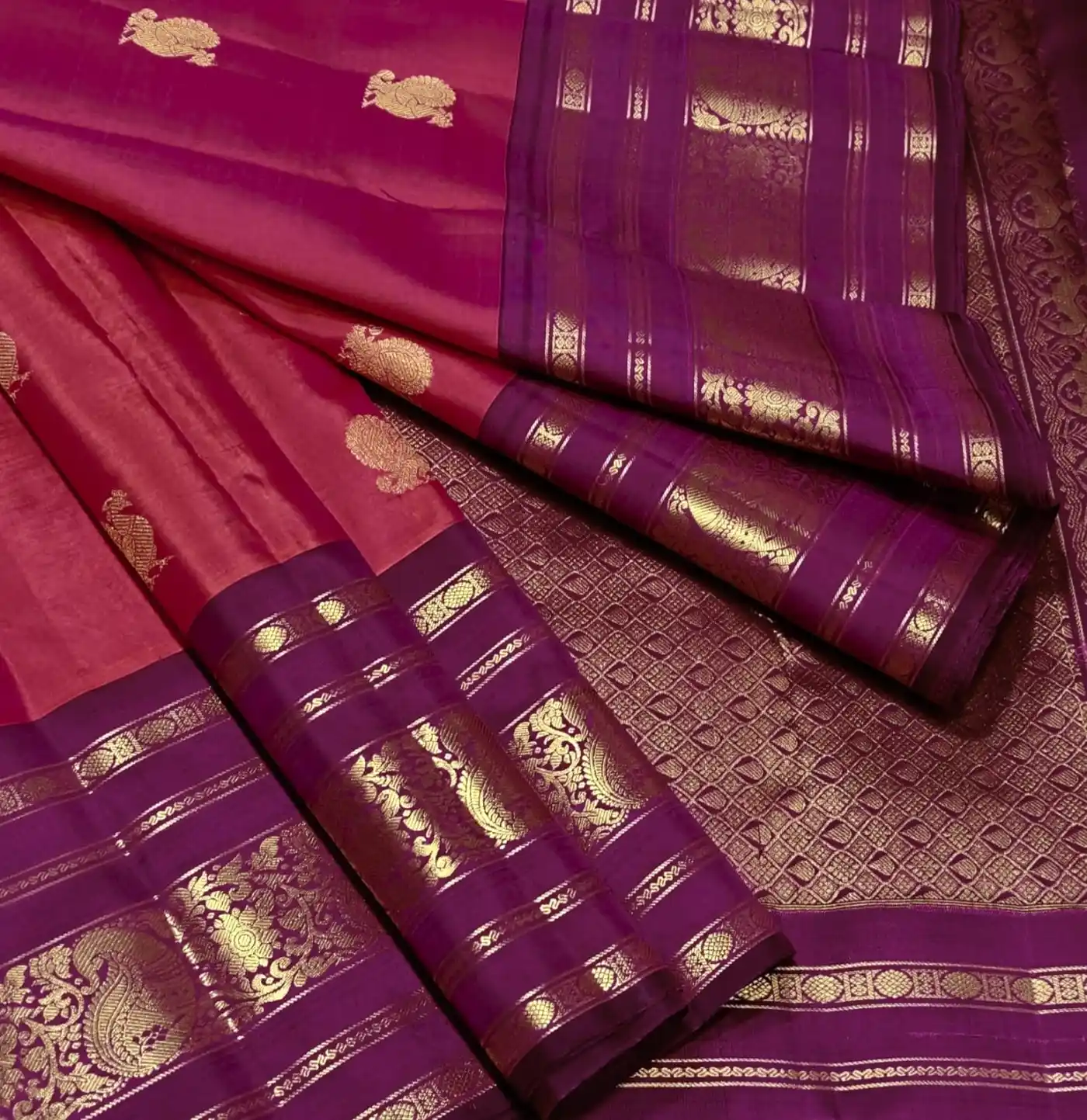 Violet-Purple and Bottle Green with Golden Zari Saree